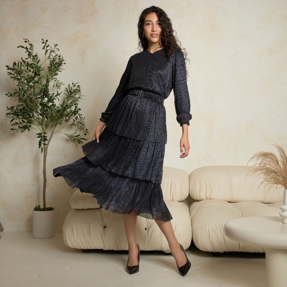 Japparel Navy Blue Metallic Belted Tiered Midi Dress Elastic Waist Medium